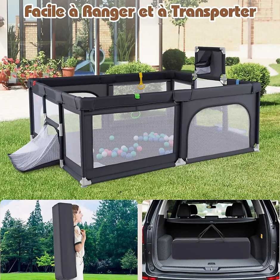 Parc Bebe avec 50 Balles Océaniques, Parc Enfant avec Panier de Basket, Porte Zippée, Gris Foncé, 88 x 157 x 100 cm-Giantex Hot