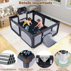 Parc Bebe avec 50 Balles Océaniques, Parc Enfant avec Panier de Basket, Porte Zippée, Gris Foncé, 88 x 157 x 100 cm-Giantex Hot