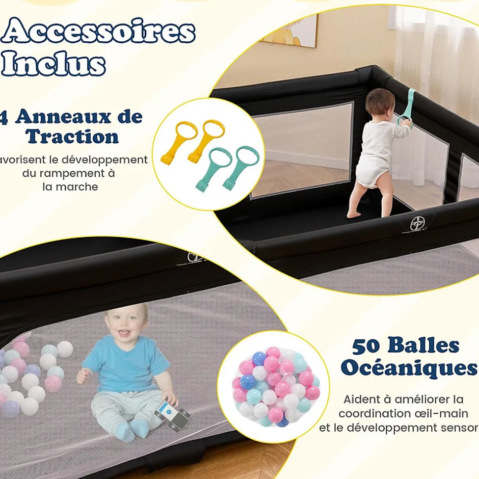 Giantex Parc Bebe Pliable avec 50 Balles Océaniques, 150 x 150 x 76,5 cm, Parc Enfant sans BPA pour Tout-petits, Filet Respirant, Gris
