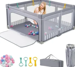 Parc Bebe Pliable avec 50 Balles Océaniques, 150 x 150 x 76,5 cm, Parc Enfant sans BPA pour Tout-petits, Filet Respirant, Gris-Giantex Clearance
