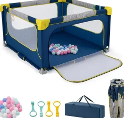 Giantex Parc Bebe Pliable 127x127cm, Parc Enfant Modulable avec 50 Balles Océaniques, 4 Poignées, Maille Respirante, Bleu