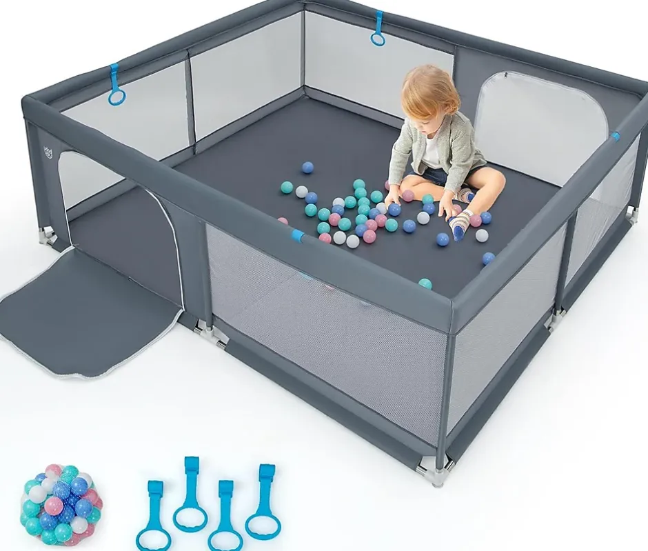 Giantex Parc pour Bébé Parc de Jeu Tout Petit avec Maille Respirante 4 Anneaux Balles Océaniques Barrière avec Porte Gris