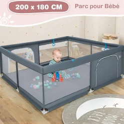 Giantex Parc pour Bébé Parc de Jeu Tout Petit avec Maille Respirante 4 Anneaux Balles Océaniques Barrière avec Porte Gris