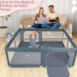 Giantex Parc pour Bébé Parc de Jeu Tout Petit avec Maille Respirante 4 Anneaux Balles Océaniques Barrière avec Porte Gris