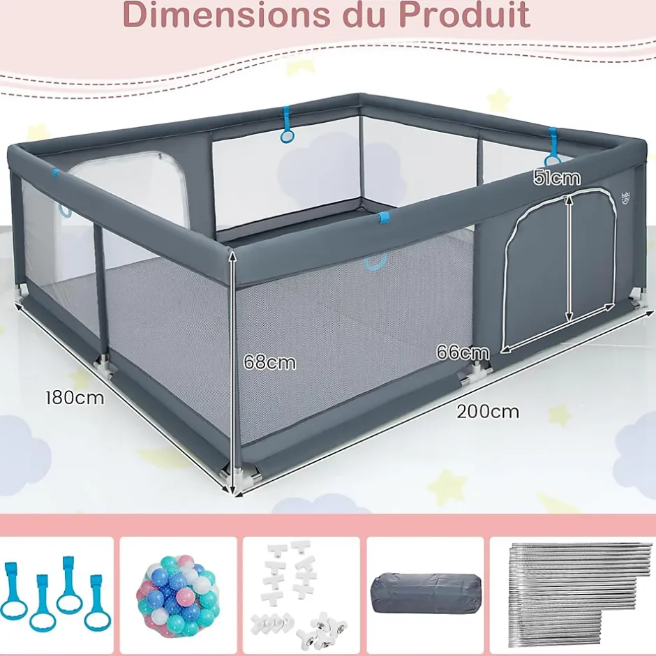 Giantex Parc pour Bébé Parc de Jeu Tout Petit avec Maille Respirante 4 Anneaux Balles Océaniques Barrière avec Porte Gris