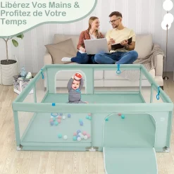 Giantex Parc pour Bébé Parc de Jeu Tout Petit avec Maille Respirante 4 Anneaux Balles Océaniques Barrière avec Porte Vert