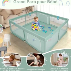 Giantex Parc pour Bébé Parc de Jeu Tout Petit avec Maille Respirante 4 Anneaux Balles Océaniques Barrière avec Porte Vert