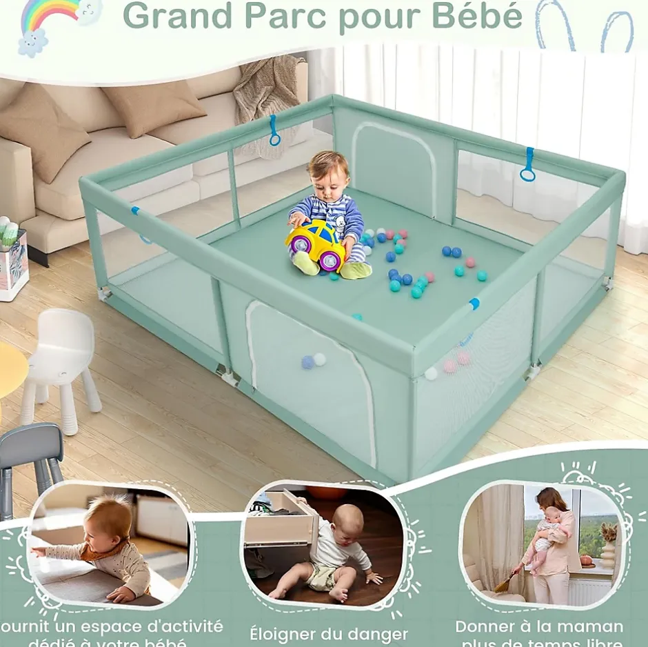 Giantex Parc pour Bébé Parc de Jeu Tout Petit avec Maille Respirante 4 Anneaux Balles Océaniques Barrière avec Porte Vert