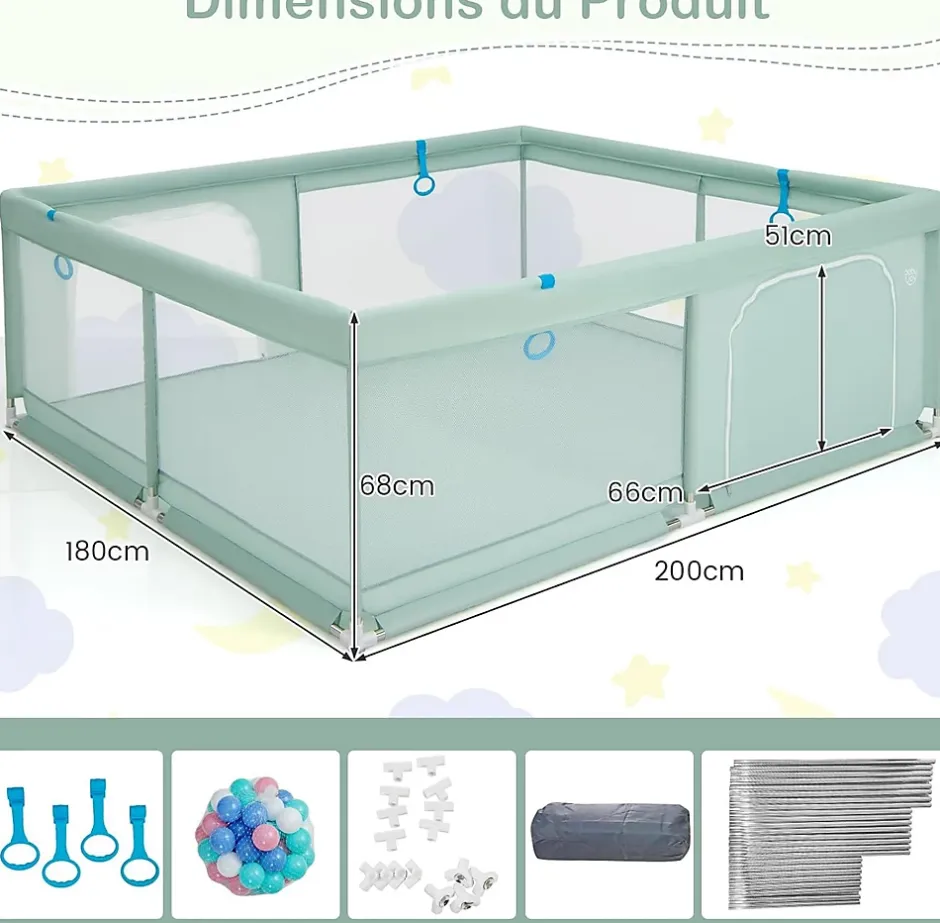 Giantex Parc pour Bébé Parc de Jeu Tout Petit avec Maille Respirante 4 Anneaux Balles Océaniques Barrière avec Porte Vert
