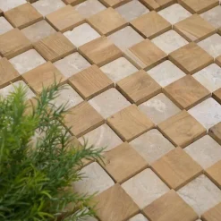 Wanda Collection Parement mural carrés pierre et teck beige 55x20 cm