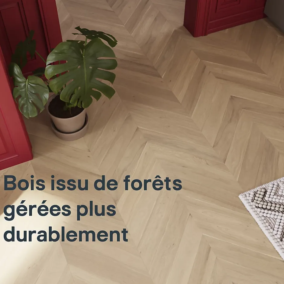 GoodHome Parquet contrecollé à coller point de hongrie en chêne Eslov finition vernis mat coloris naturel L.54 x l.9 x ép.1,4 cm
