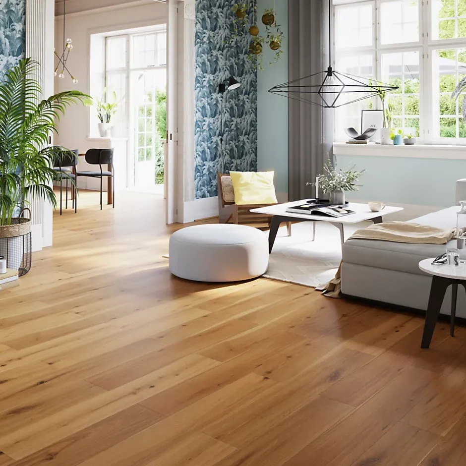GoodHome Parquet contrecollé clipsable Visby XL en chêne verni blond rustique
