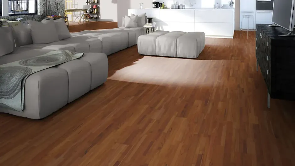 Parquet massif à coller 4 frises en teck verni- New