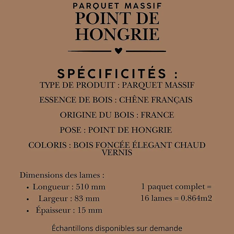 Parquet massif chêne français, Point de Hongrie / Chevron 600x120x15 mm, Teinte foncée Élégante --Dileci Online