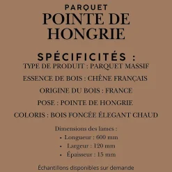 Parquet massif chêne français, Point de Hongrie / Chevron 600x120x15 mm, Teinte foncée Élégante --Dileci Online