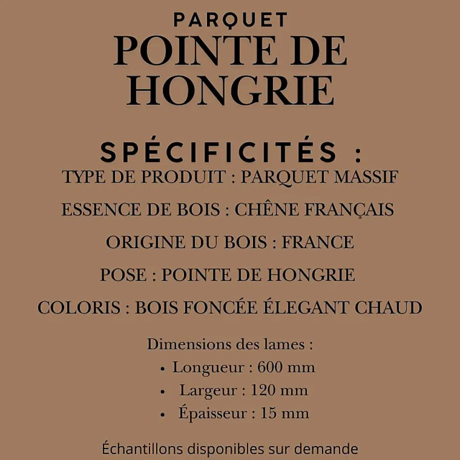Parquet massif chêne français, Point de Hongrie / Chevron 600x120x15 mm, Teinte foncée Élégante --Dileci Online
