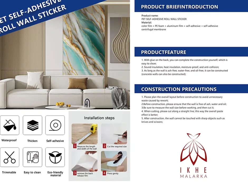 Ikhemalarka PET - PVC Film autocollant panneaux muraux 3D imitation marbre revetement en rouleau 60x300 cm decor aspect marbre (YP-117)