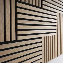 Plaque murale tasseaux 30 x 30 x 1,9 cm - Lattes chêne clair véritable fond noir 0,09m²-Decoon Discount