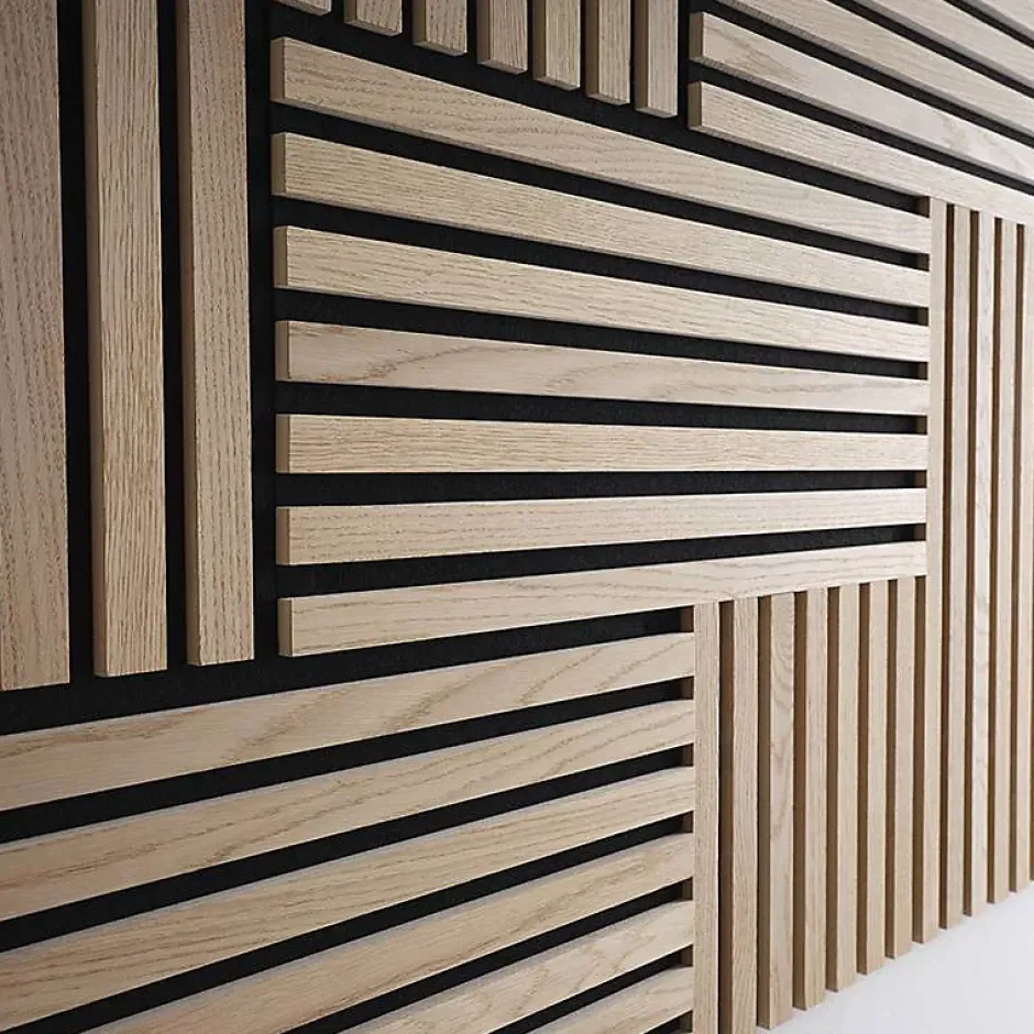 Plaque murale tasseaux 30 x 30 x 1,9 cm - Lattes chêne clair véritable fond noir 0,09m²-Decoon Discount