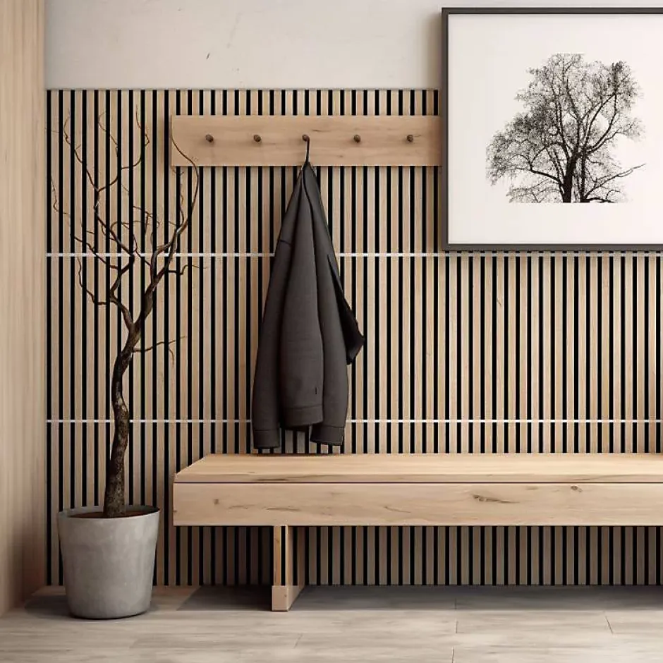 Decoon Plaque murale tasseaux 60 x 30 x 1,9 cm - Lattes chêne clair véritable fond noir 0,18m²