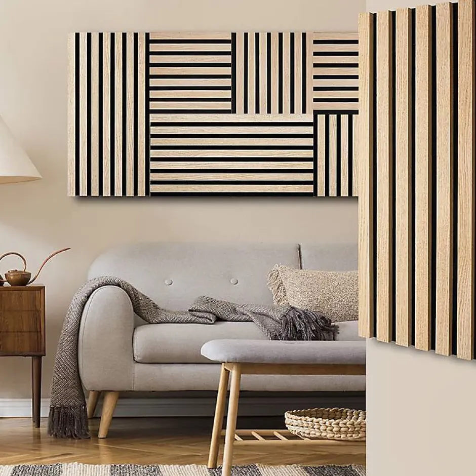 Decoon Plaque murale tasseaux 60 x 30 x 1,9 cm - Lattes chêne clair véritable fond noir 0,18m²