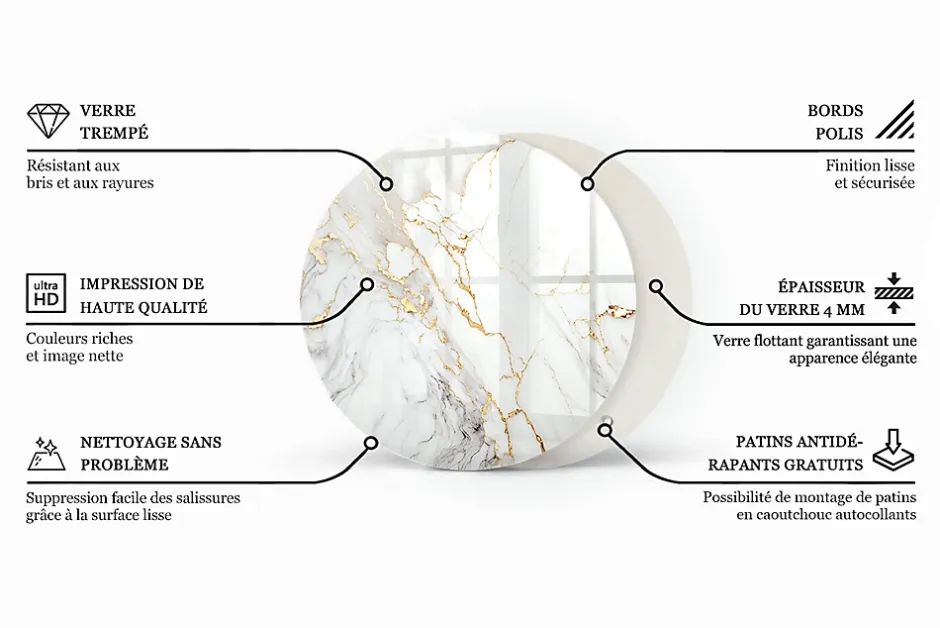 Plateau en verre trempé fi50 cm Marbre élégant avec veines-Tulup Hot