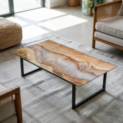 Plateau en verre trempé 140x70 cm Bois naturel avec résine-Tulup Outlet