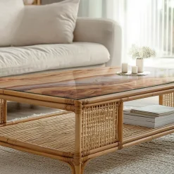 Plateau en verre trempé 140x70 cm Bois naturel avec résine-Tulup Outlet