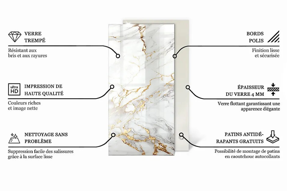Tulup Plateau en verre trempé 140x70 cm Motif de marbre veiné