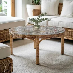 Tulup Plateau en verre trempé fi80 cm Motif mosaïque avec ornements