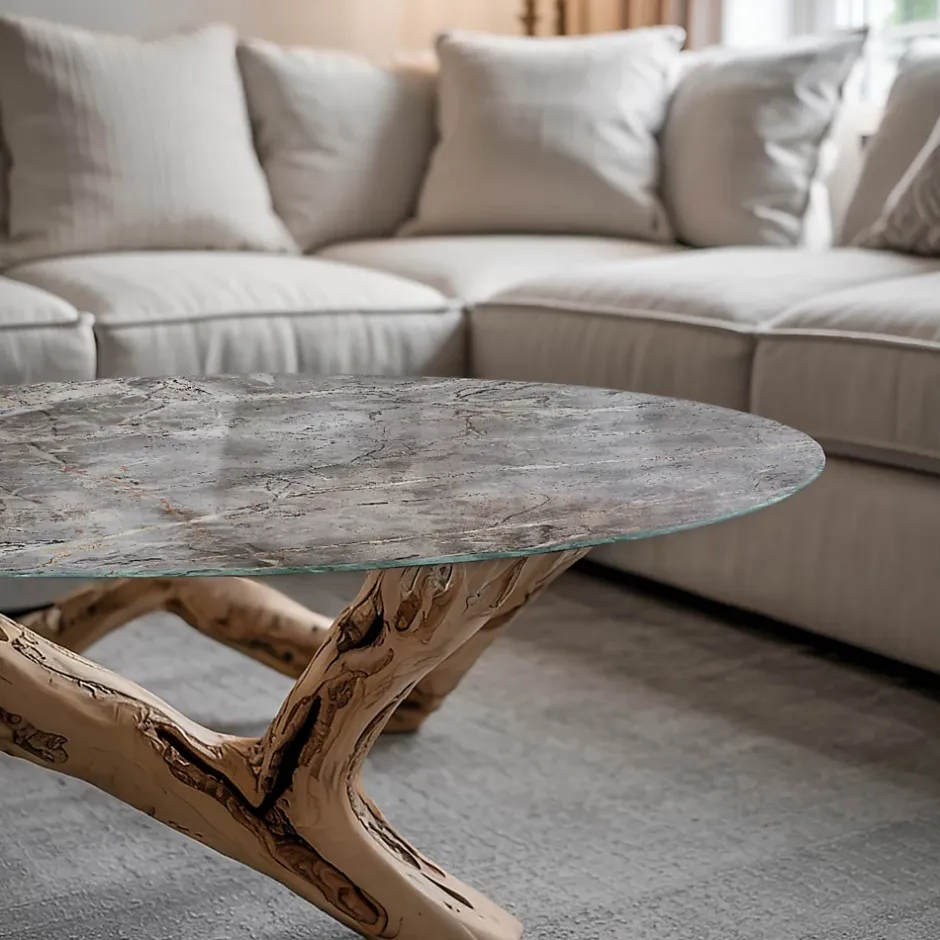 Tulup Plateau en verre trempé fi60 cm Motif naturel de marbre