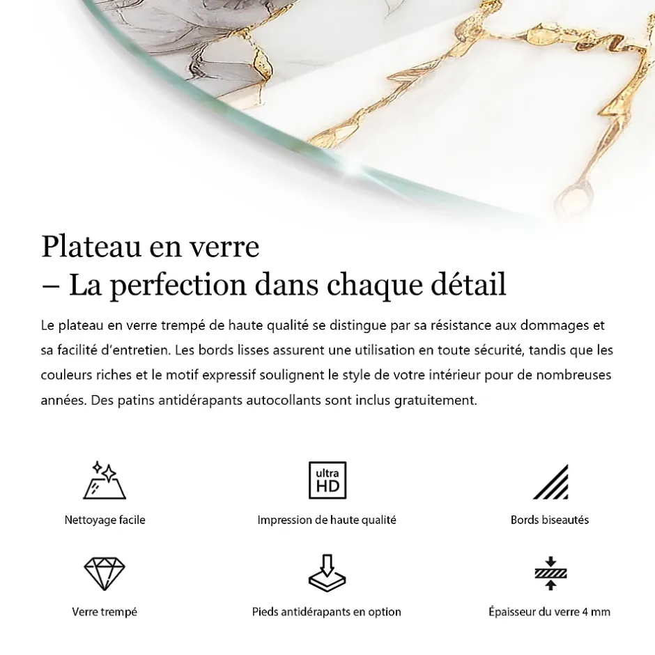 Tulup Plateau en verre trempé fi60 cm Motif naturel de marbre