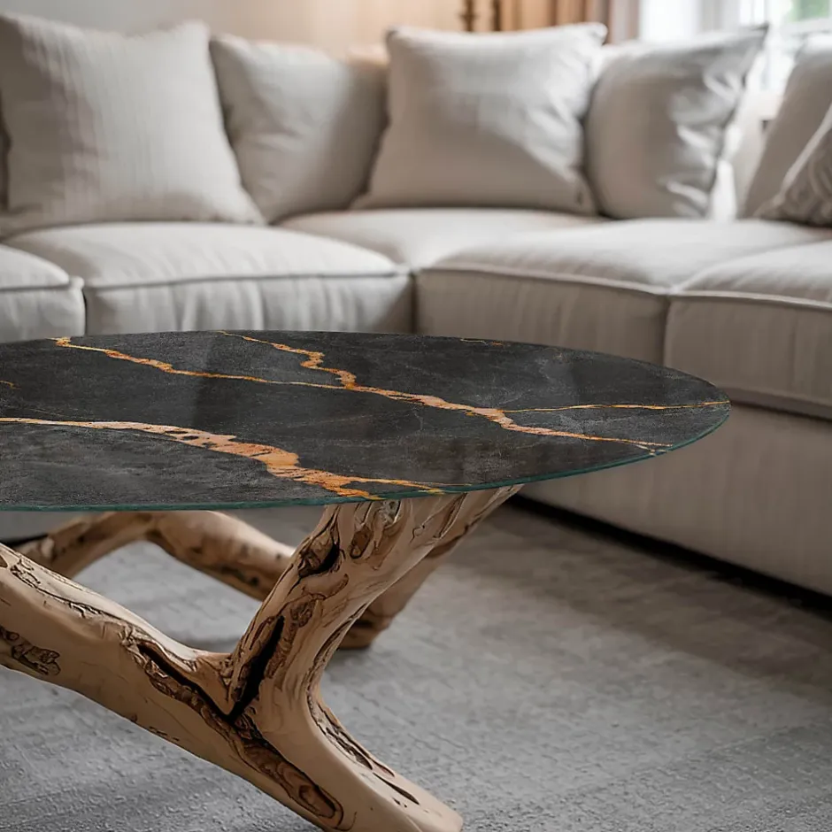 Plateau en verre trempé fi100 cm Motif marbré avec veines-Tulup Online