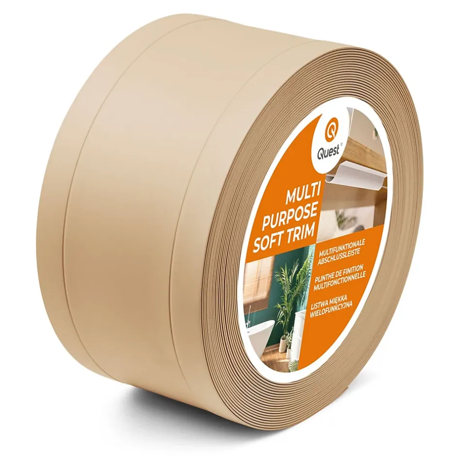 Quest Plinthe de finition W1 en PVC 6,en,1 75 mm, baguette autocollante, masquante, plinthe souple pour sol et mur, sablonneux, 15 m