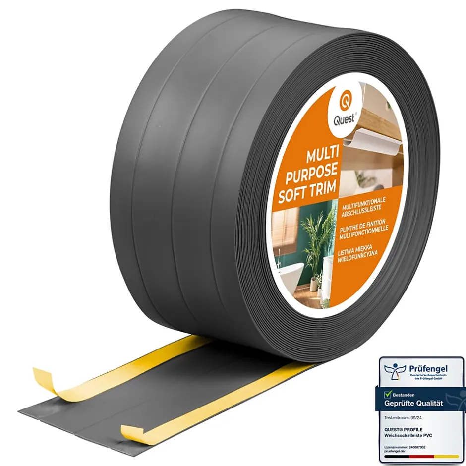 Plinthe de finition W3 en PVC 4,en,1 95 mm, baguette autocollante, masquante, plinthe souple pour sol et mur, gris foncé, 10 m-Quest