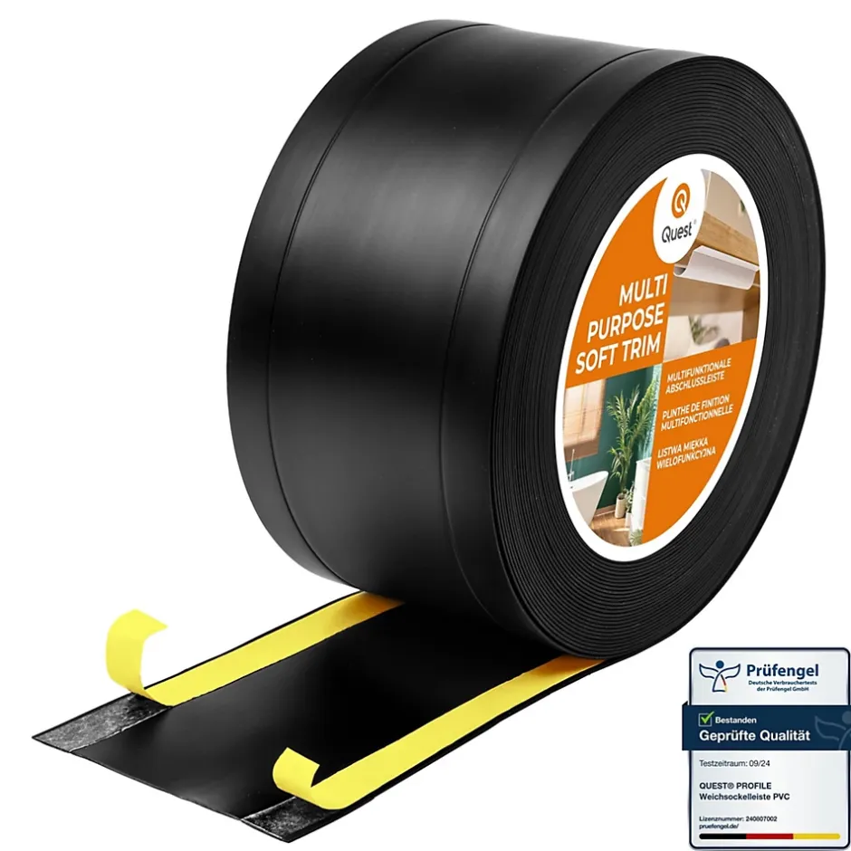 Quest Plinthe de finition W1 en PVC 6,en,1 75 mm, baguette autocollante, masquante, plinthe souple pour sol et mur, noir, 10 m