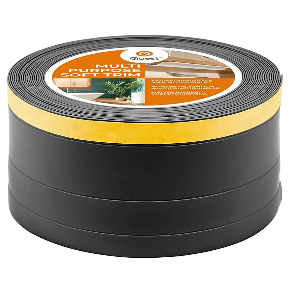 Plinthe de finition W2 en PVC 4,en,1 120 mm, baguette autocollante, masquante, plinthe souple pour sol et mur, noir, 20 m-Quest New