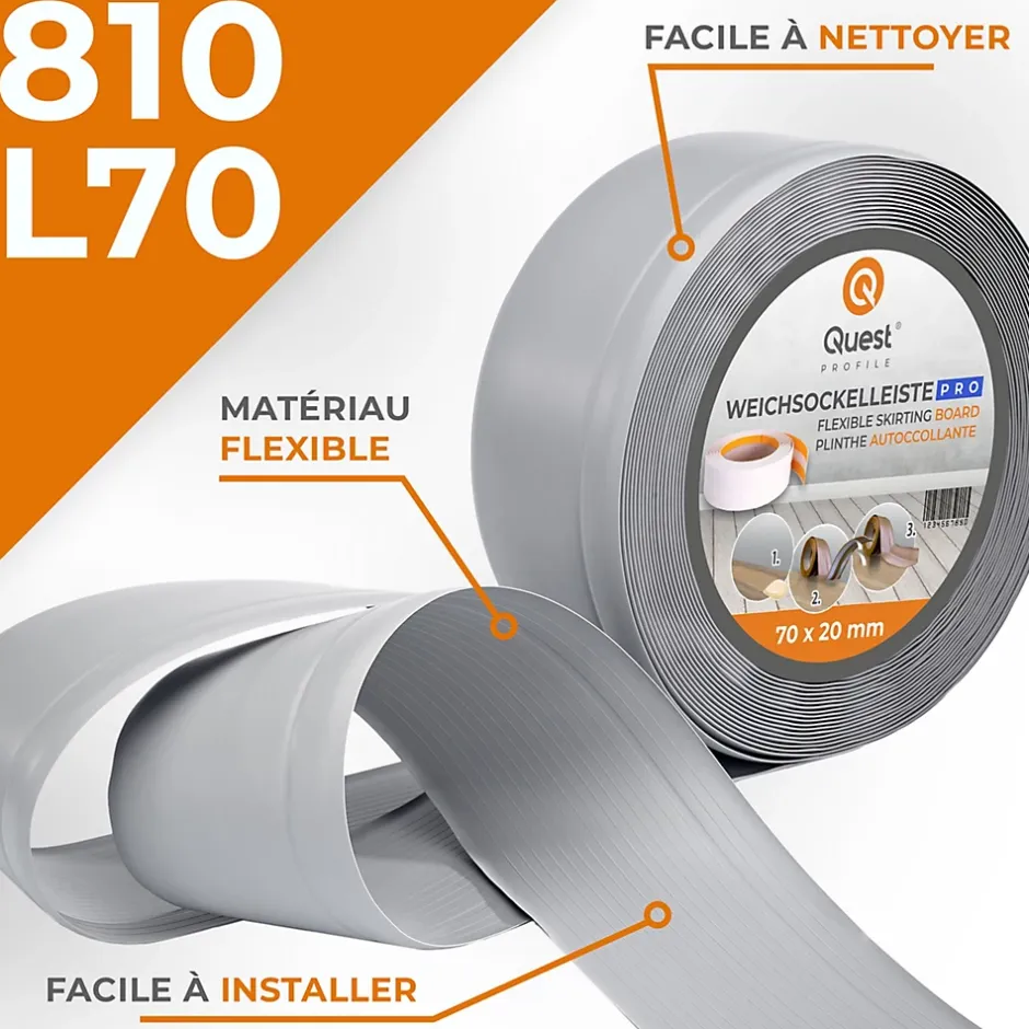Quest Plinthe en PVC Flexible 70x20mm, 1m, Plinthe Souple et Élastique pour Finitions et Surfaces de Jonction, gris