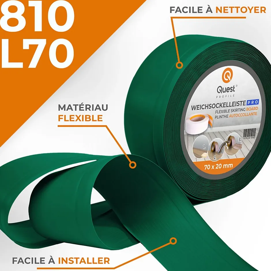 Plinthe en PVC Flexible 70x20mm, 15m, Plinthe Souple et Élastique pour Finitions et Surfaces de Jonction, vert-Quest Hot
