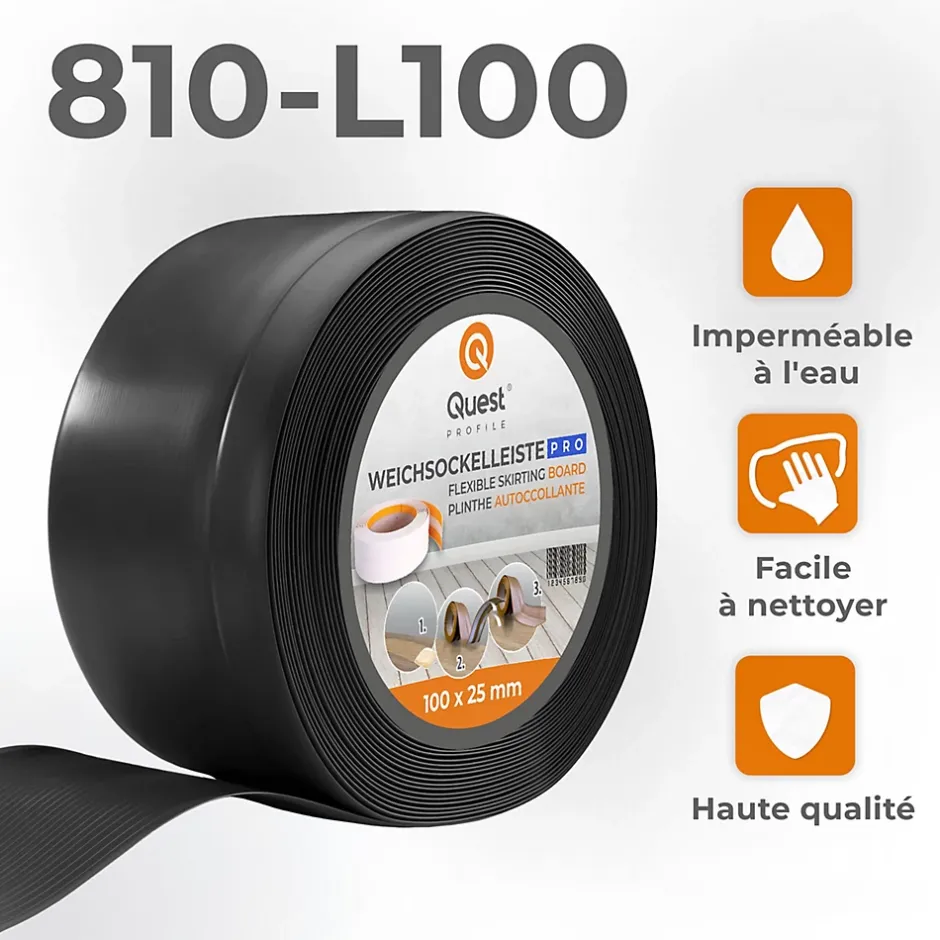 Quest Plinthe en PVC Flexible 100x25mm, 20m, Plinthe Souple et Élastique pour Finitions et Surfaces de Jonction, noir