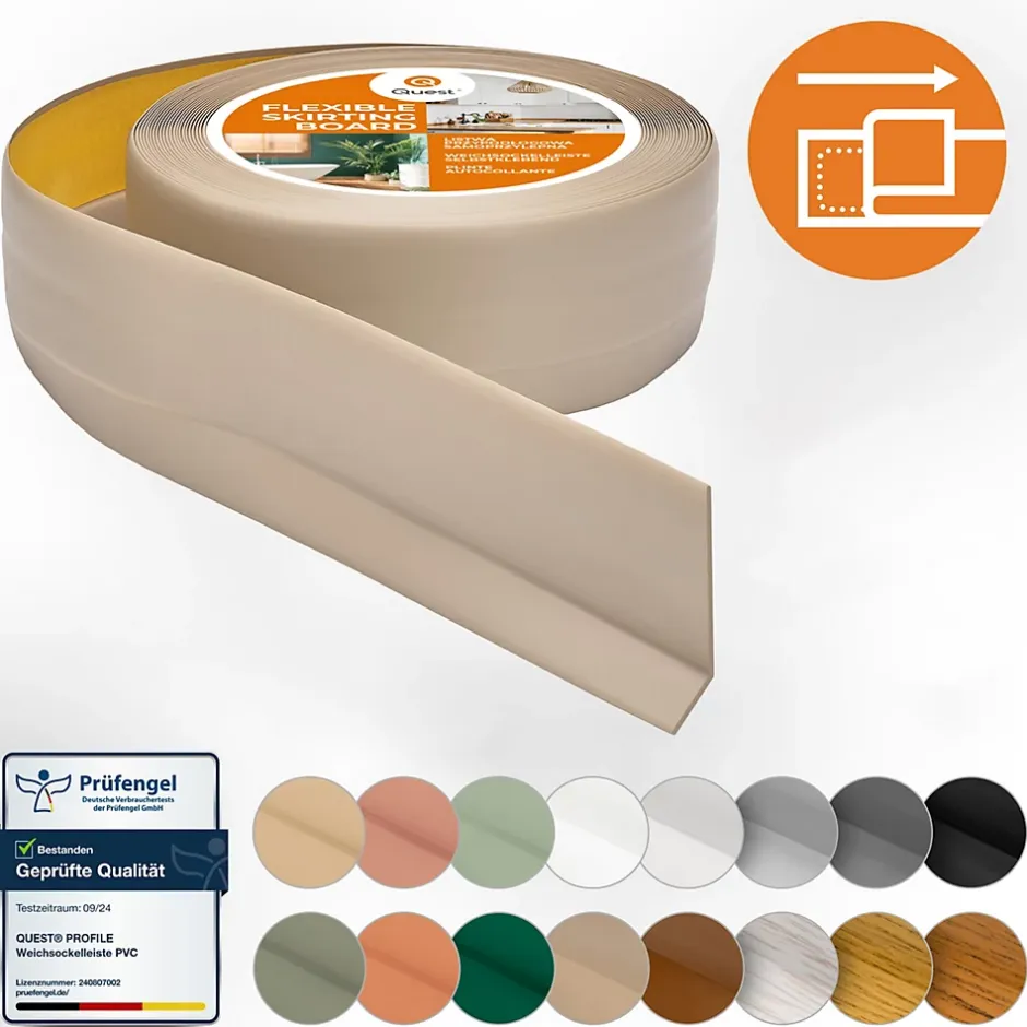 Quest Plinthe Souple Auto-Adhésive en PVC 50x20mm, 20m, Bande Flexible, Facile à Installer, sur Toutes les Surfaces, beige