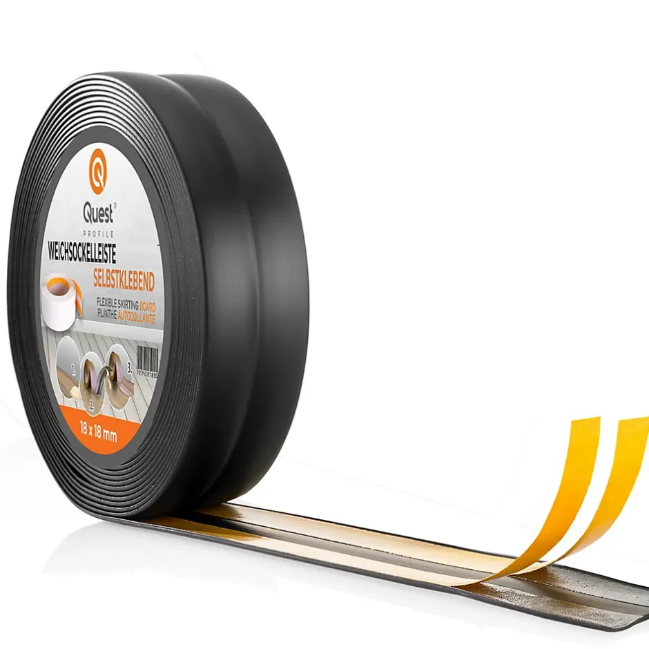 Plinthe Souple Auto-Adhésive en PVC 25x15mm, 5m, Bande Élastique pour Finitions et Étanchéité des Jonctions, noir-Quest