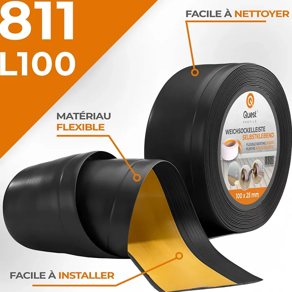 Quest Plinthe Souple Auto-Adhésive en PVC 100x25mm, 10m, Bande Flexible, Facile à Installer, Adaptée à Toutes Surfac, noir
