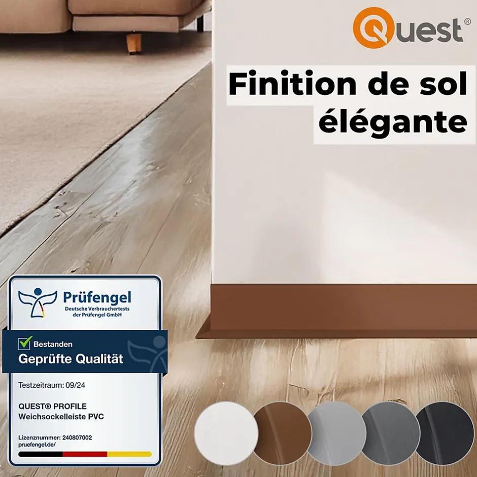 Quest Plinthe Souple Auto-Adhésive en PVC 100x25mm, 10m, Bande Flexible, Facile à Installer, Adaptée à Toutes Surfac, noir