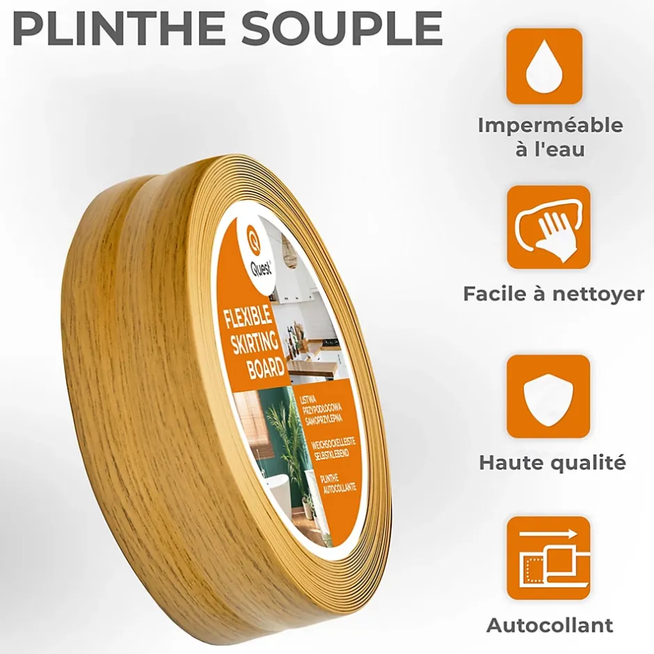 Plinthe Souple Auto-Adhésive en PVC 50x20mm, 15m, Bande Flexible, Facile à Installer, sur Toutes les Surfaces, chêne-Quest Best