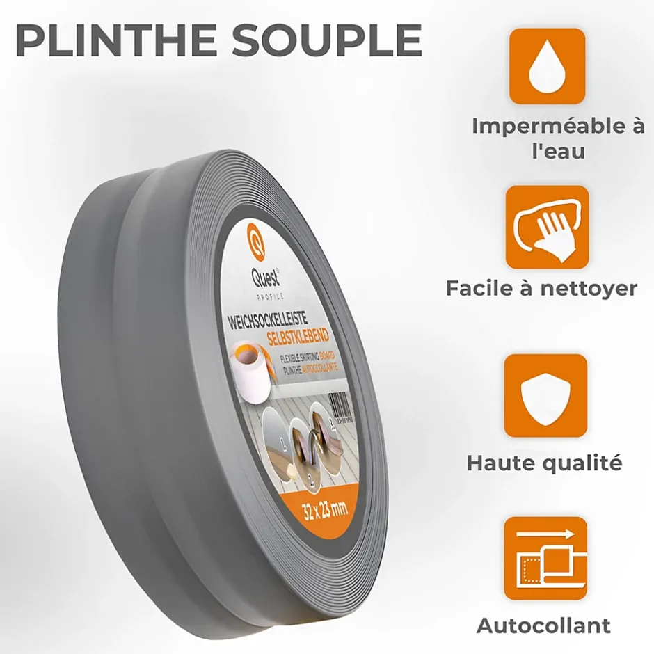 Quest Plinthe Souple Auto-Adhésive en PVC 32x23mm, 5m, Bande Flexible, Facile à Installer, sur Toutes les Surfaces, graphite