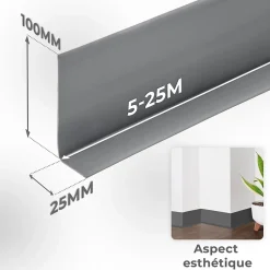 Plinthe Souple Auto-Adhésive en PVC 100x25mm, 1m, Bande Flexible, Facile à Installer, Adaptée à Toutes Surface, gris-Quest Best