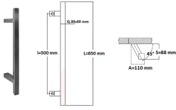 Hardwarexchange Poignée de tirage Carrée 30x30 mm - Entraxe500 - S90 - A75 - L650 mm - incliné 45 - INOX 304 satiné