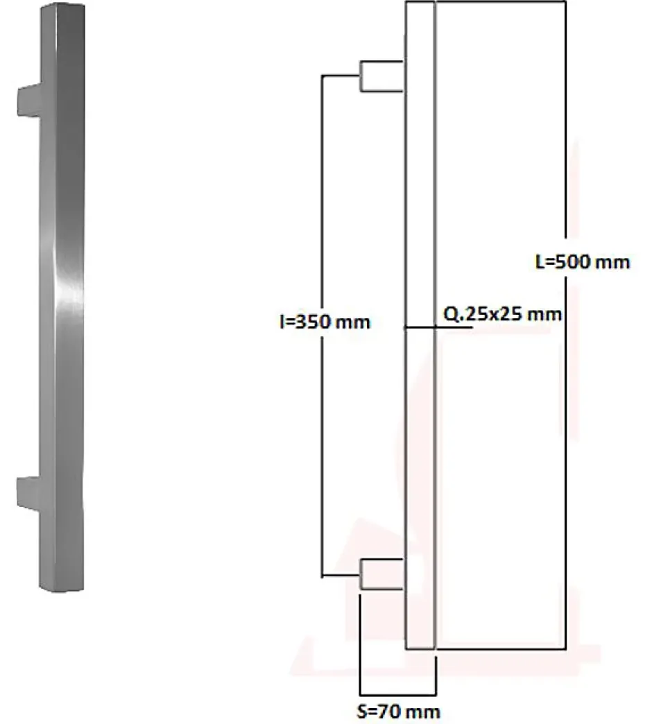 Poignée de tirage Carrée 25x25 mm - Entraxe350 - S70 - L500 mm - INOX 304 Laqué RAL 9005 Noir Mat-Hardwarexchange Sale
