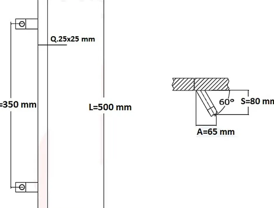 Poignée de tirage Carrée 25x25 mm - Entraxe350 - S80 - A65 - L500 mm - incliné 60 - INOX 304 Laqué RAL 9005 Noir Mat-Hardwarexchange Clearance